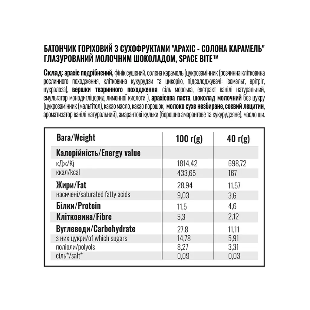 Протеїновий батончик Space Food (Space Bite Nut Bar) — 10 × 40 г, peanut і солона карамель - фото 2