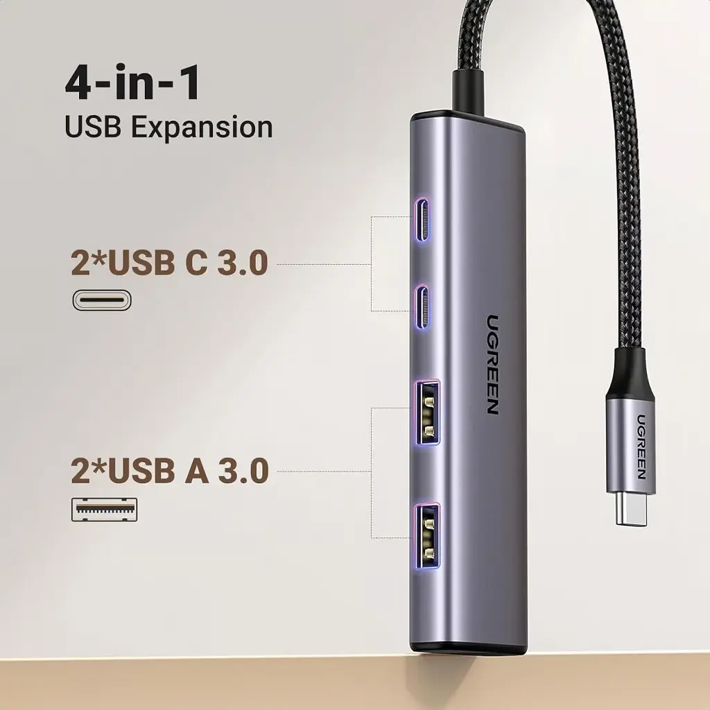 Концентратор Ugreen USB-C to 2xUSB 3.0 + 2xUSB-C CM473 gray (15395) - фото 2