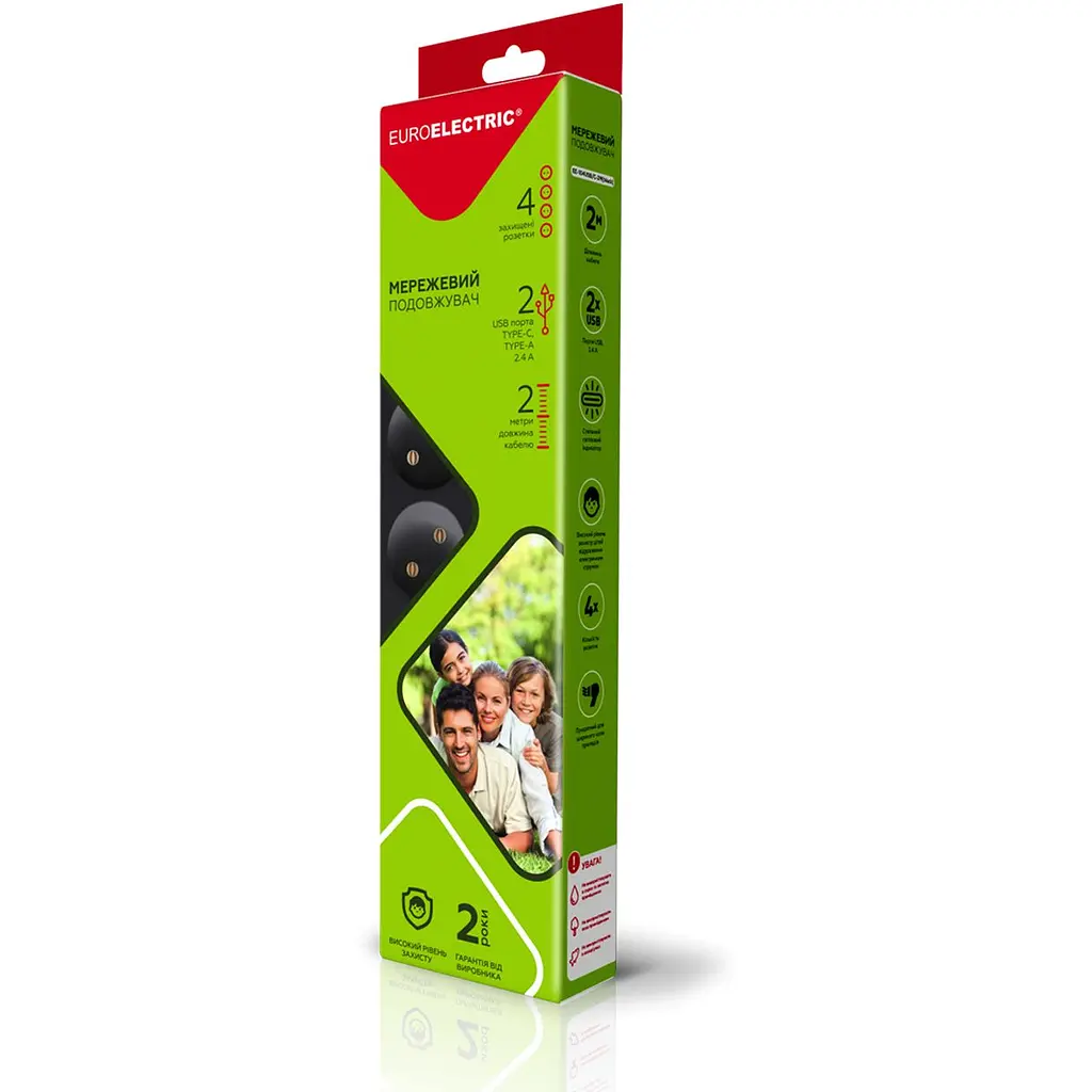 Мережевий подовжувач Euroelectric  Х4 10А 2М з USB Type C чорний (EE-104USB/C-2M(black)) - фото 3