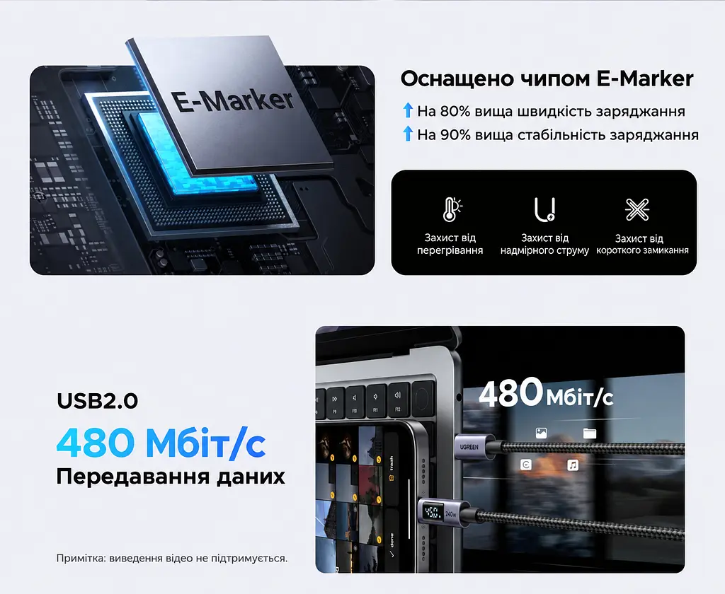Кабель UGREEN L530 USB-C - USB-C PD 240 Вт з LED-дисплеєм 3 м чорний (65868) - фото 5