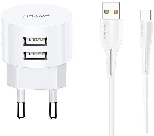 Мережевий зарядний пристрій Usams T20 double USB 2.1A with Type-C cable Білий