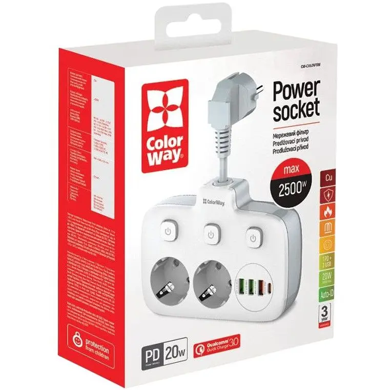 Сетевой фильтр СolorWay 0.025 м White 2xРозетки 220V 3xUSB 1xType-C 10 A до 2.5 кВт USB Auto ID QC3.0 PD (CW-CHE24PDW) - фото 4
