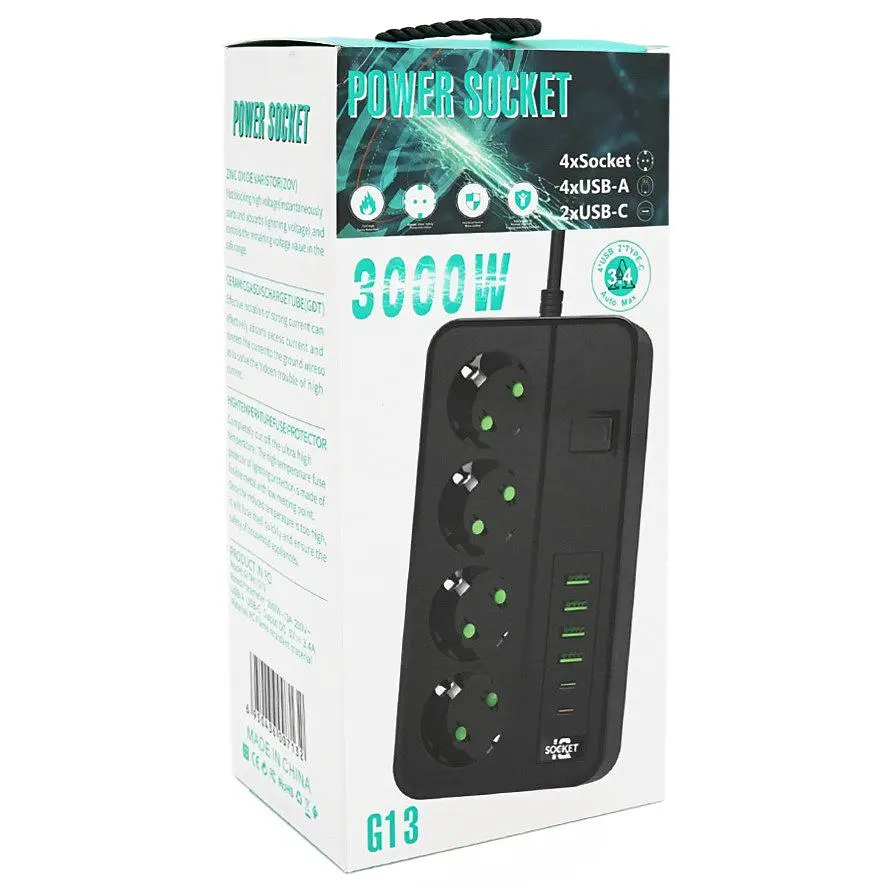 Сетевой фильтр-удлинитель Voltronic G-13, 3000W, 4 Socket + 4 USB 3,2А + 2 Type-C, 2м, Black - фото 5