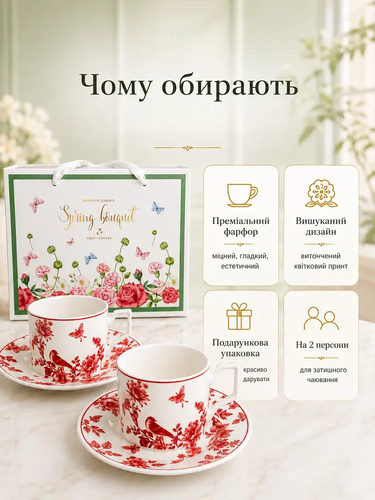 Чайний сервіз із порцеляни 8 предметів на 2 персони у подарунковій упаковці білий з червоним візерунком (37261979) - фото 3