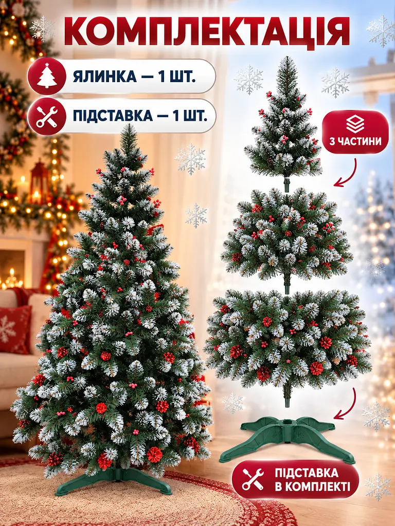 Штучна ялинка YaLINKA КK25 Адель 250 см зі червоними шишками, перлами та засніженими кінчиками, зелена (49676509) - фото 7
