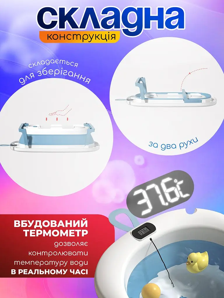 Ванночка дитяча складна з матрациком для для купання, з термометром, та зливом, для новороджених та немовлят від 0 до 2.5р. (ck-1692 blue) - фото 7