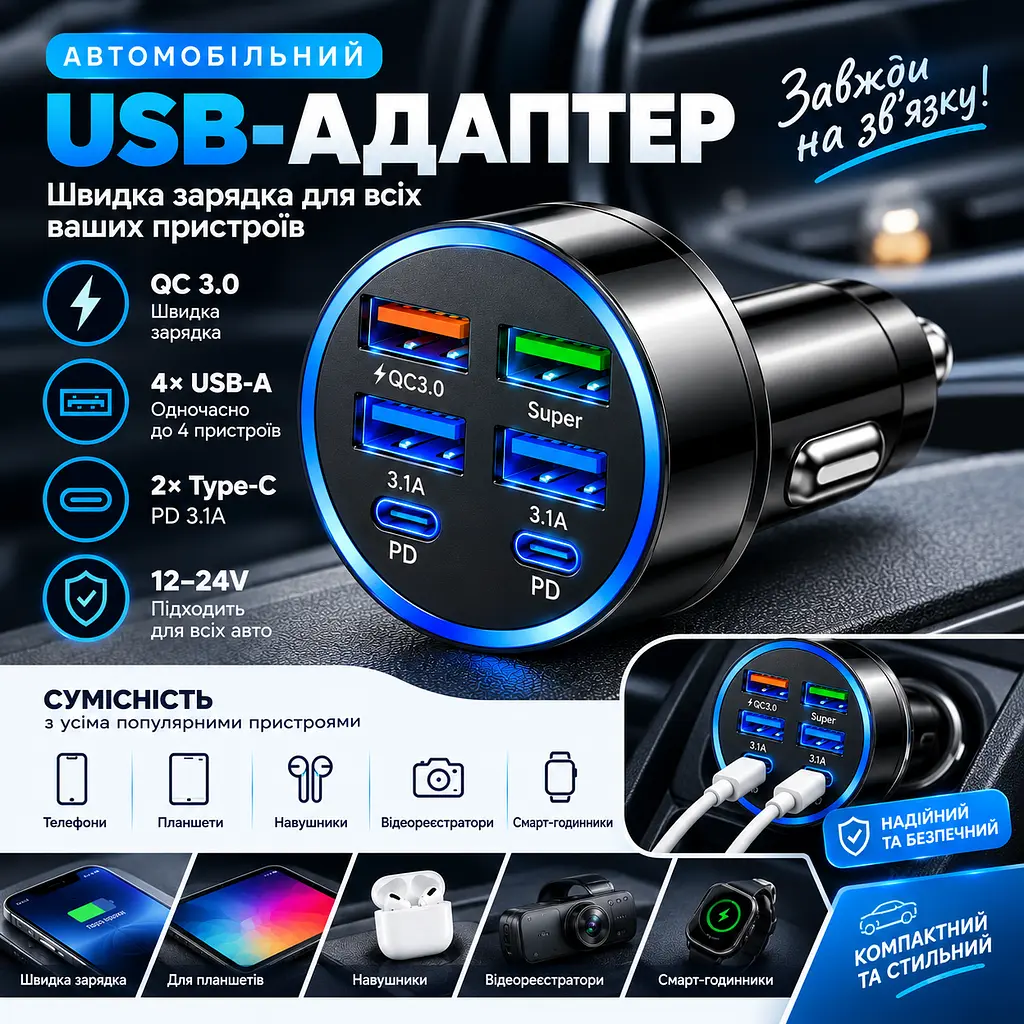 Автомобільний зарядний пристрій 6-в-1 PowerHub 100Вт (4USB + 2PD) - фото 11