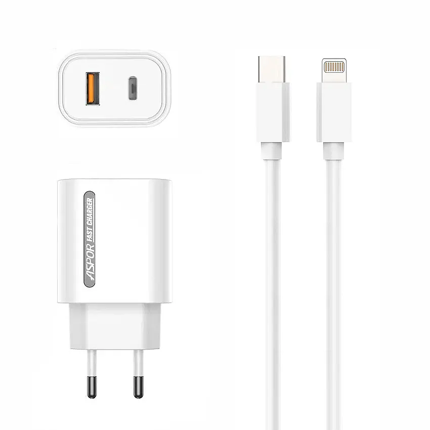 Мережевий зарядний пристрій Aspor A806 Fast Charger (USB/USB-C/3A/33W) + кабель Type-C – Lightning- білий