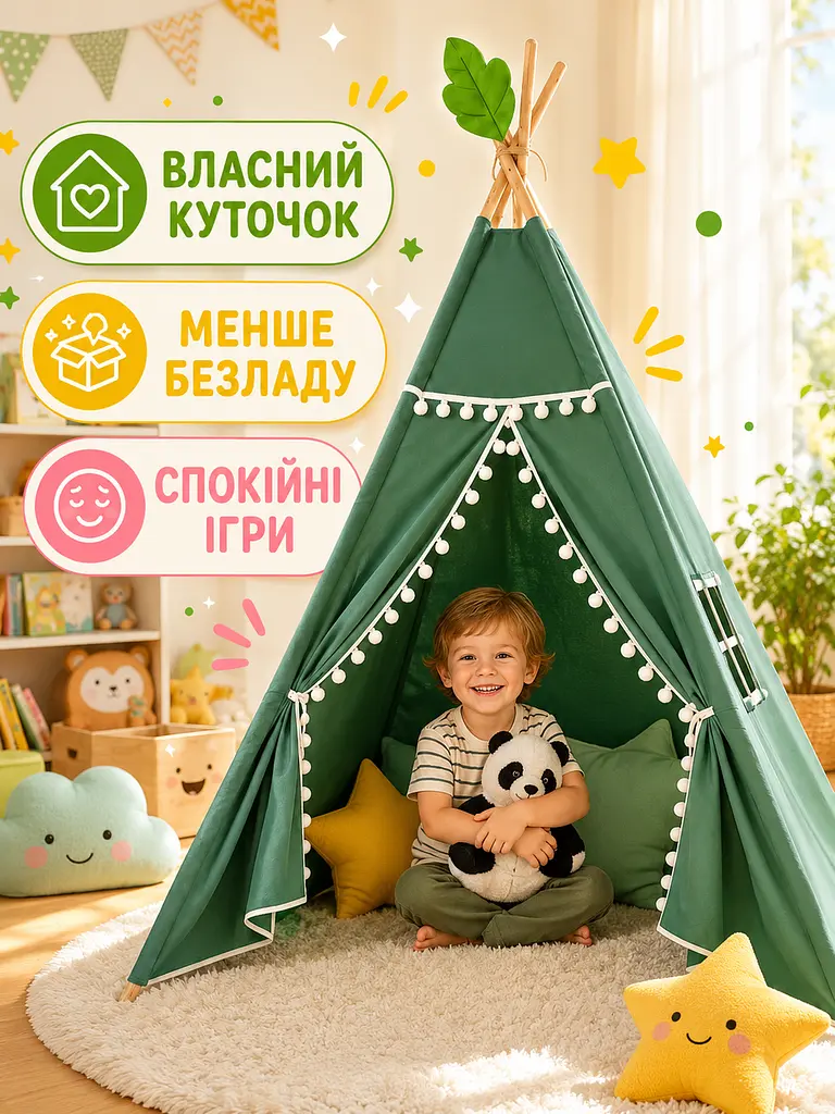 Дитячий вігвам зелений 100х100х110 см намет-будиночок для ігор з дерев’яним каркасом (49676011) - фото 3