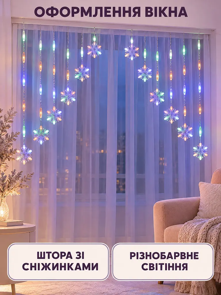 Гірлянда-штора Сніжинки 3 м LED різнобарвна електрична для вікна арки та новорічного декору (52836216) - фото 8