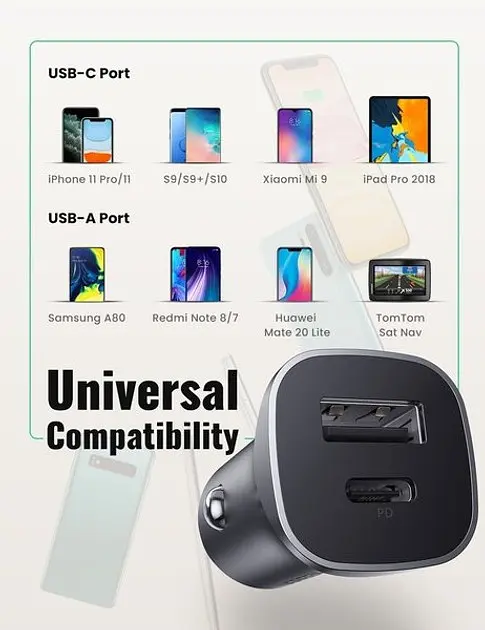 Автозарядний Ugreen CD130 20W 2 порти USB + Type-C (30780) адаптер швидкого заряджання - фото 3