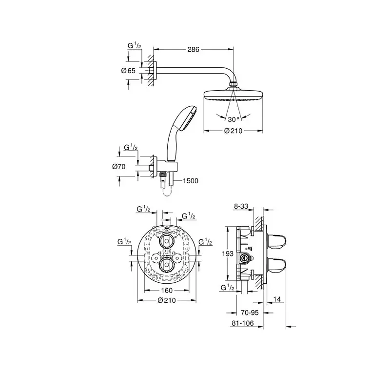 Душова система прихованого монтажу з термостатом Grohe Grohtherm 1000 Tempesta 210 34614001, Хром - фото 2