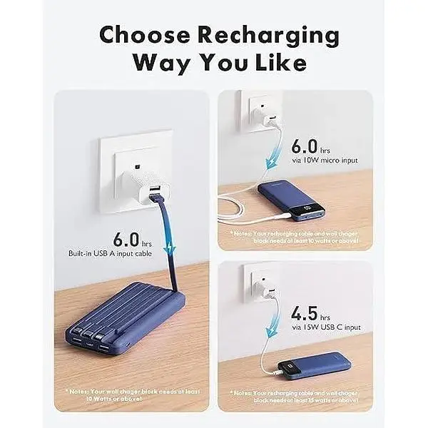 Портативний зарядний пристрій Charmast із вбудованими кабелями USB C 10000 мАг 6 виходів 3 входи зі світлодіодним дисплеєм - фото 4