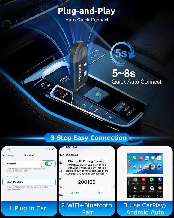 Бездротовий адаптер ESSGOO CarPlay для Apple CarPlay та Android Auto, сумісний із системами iOS 10+ та Android 11+ - фото 5