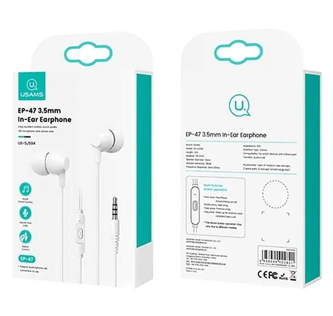 Проводная гарнитура Usams In-Ear Earphone US-SJ594 EP-47, 3.5mm, 1.2m, white - фото 3