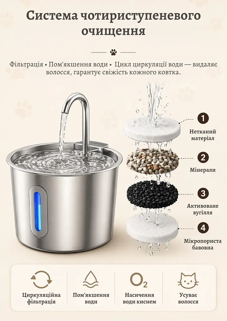 Фонтан для котів Steel Fountain Y09 2,2 л з нержавіючої сталі з підсвіткою - фото 4