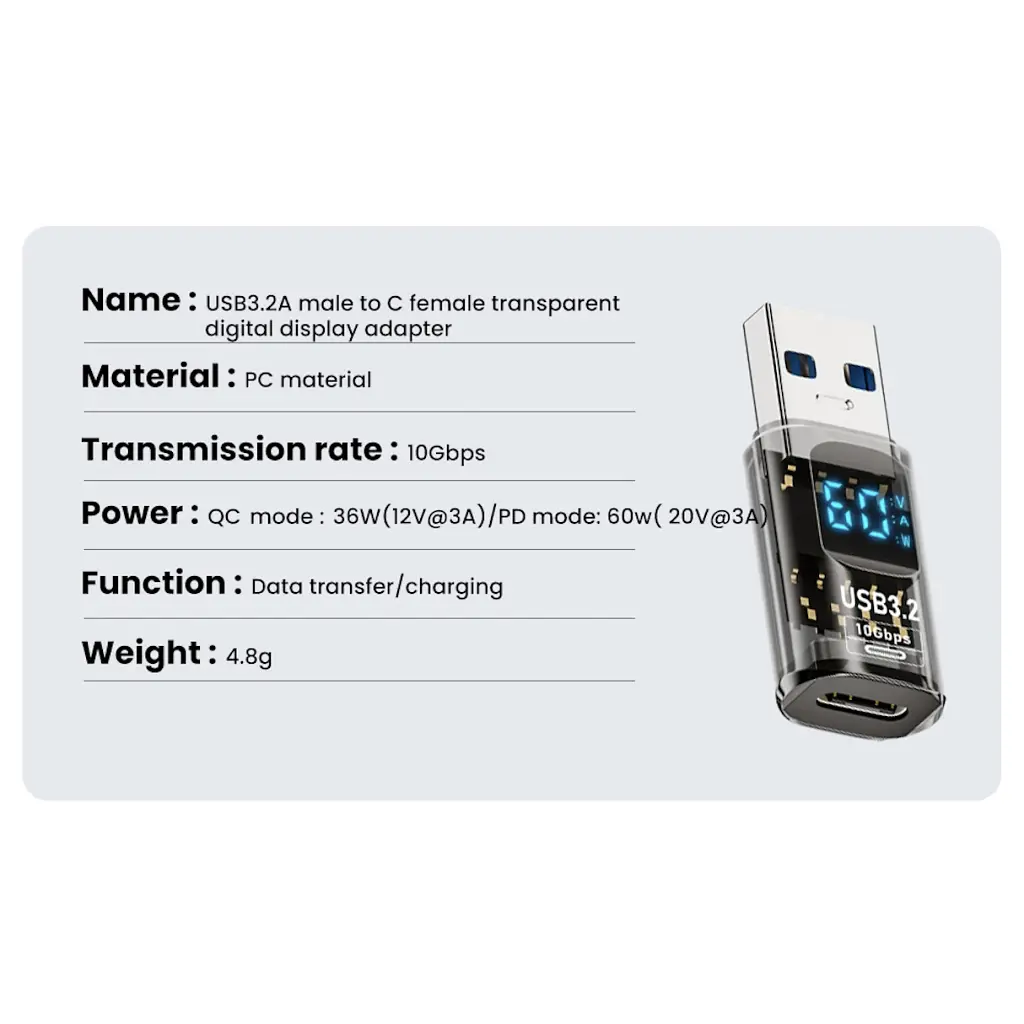 Переходник USB 3.2 AM to USB-C F 10Gbps QC 36W PD60W with display XoKo (AC-230TCU) - фото 3