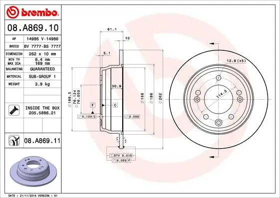 Диск гальмівний невентильований Kia Ceed I, Sportage III 06-17р Brembo (08.A869.10) - фото 2