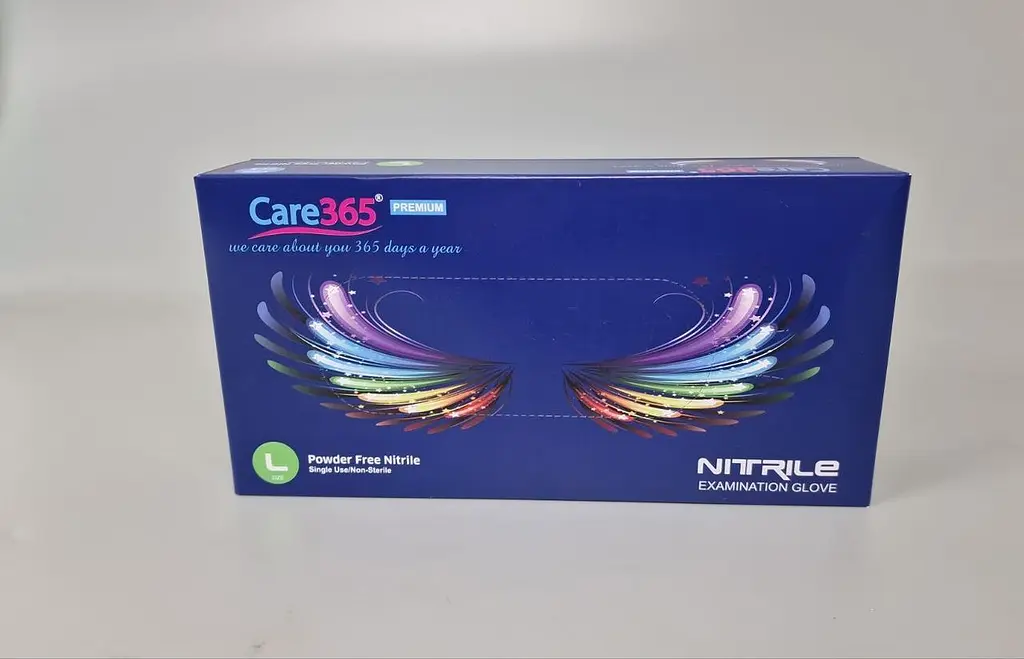 Рукавички одноразові нітрилові кобальтові CARE 365, розмір L, 100 шт, неопудрені, для огляду, клінінгу та сервісу