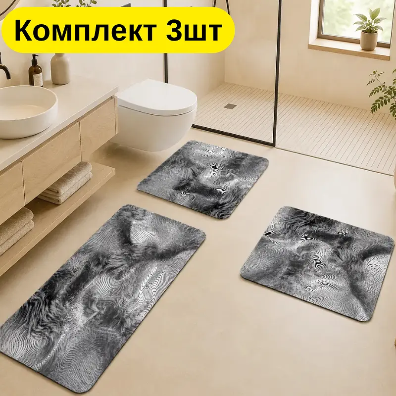 Комплект килимків для ванної 3 шт — прямокутні 40×60 см, 40×80 см і 50×55 см чорно-біла абстракція KT9000192 - фото 2