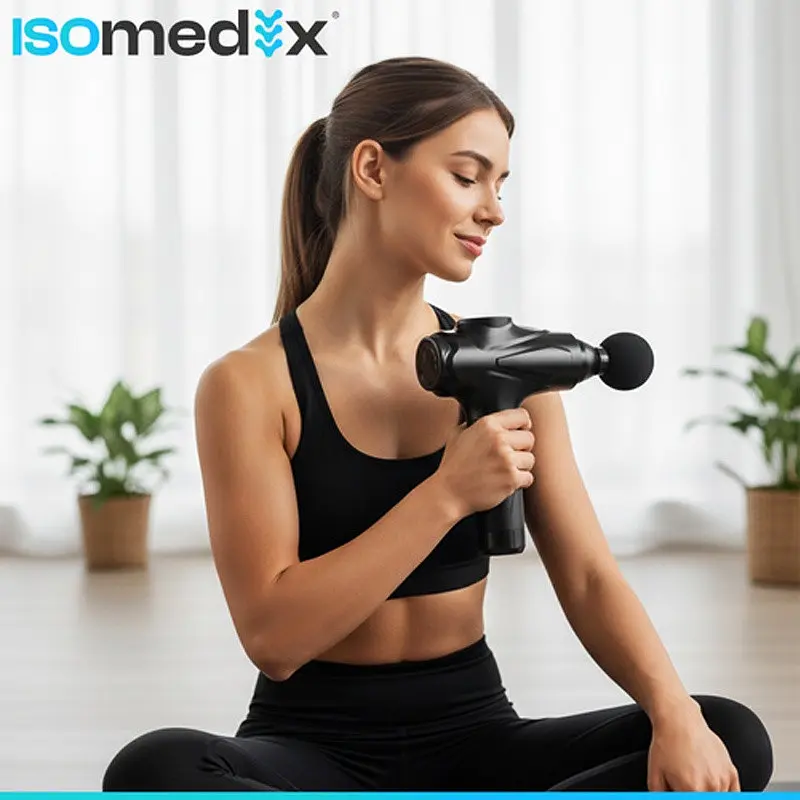 Масажний пістолет перкусійний Isomedix 26441, акумуляторний масажер 45 Вт, 12 насадок, 30 рівнів, чорний - фото 8