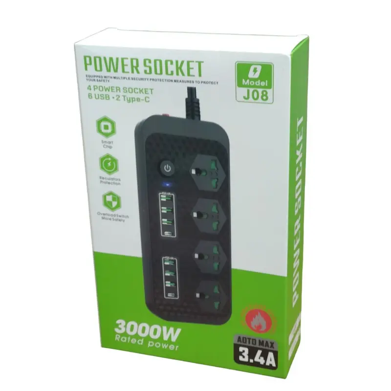 Мережевий фільтр подовжувач 2 метри на 3 розетки, 6 USB 3.4A, 2 Type-C з вимикачем та заземленням 3000Вт 16А Power Socket J08 білий - фото 5