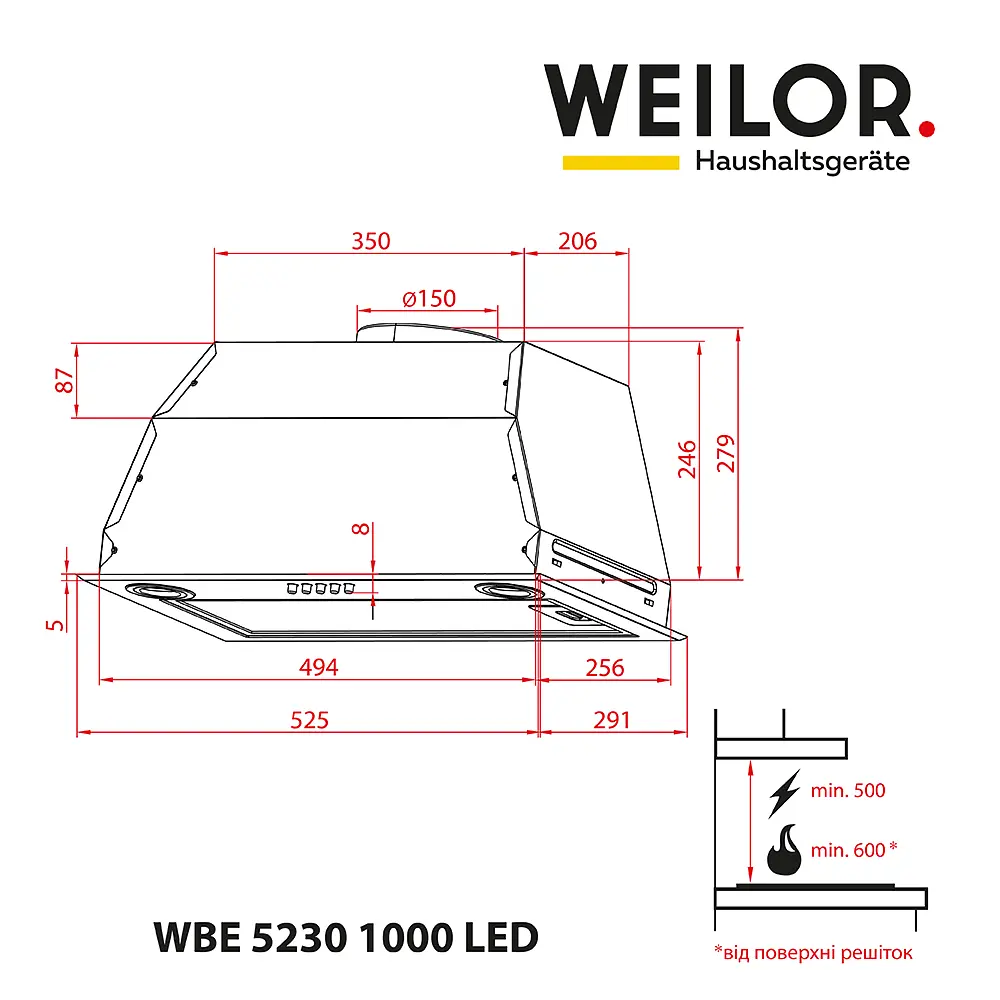Витяжка повновбудована WEILOR WBE 5230 SS 1000 LED - фото 8
