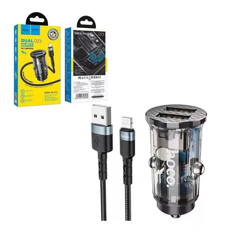 Адаптер автомобільний HOCO DZ3 2 USB car charger + кабель Lightning прозоро чорний - фото 2