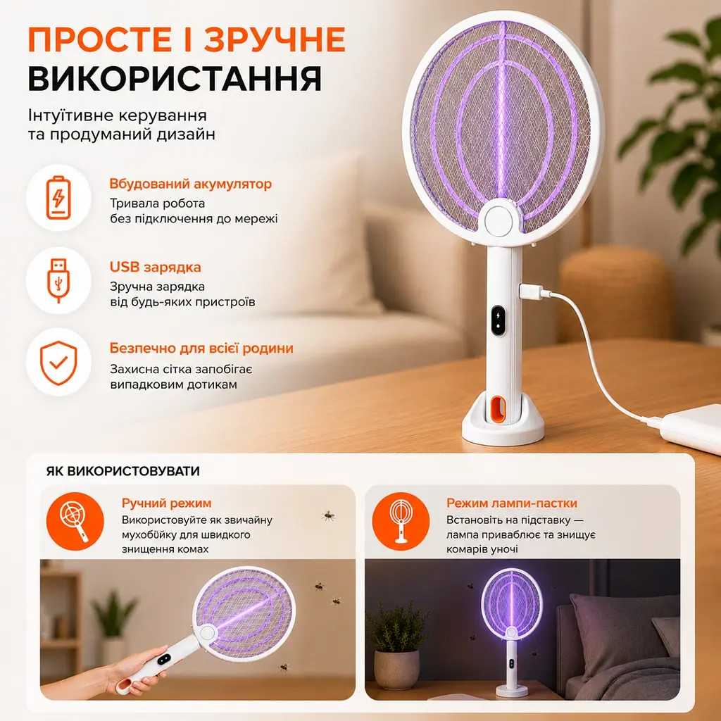 Електрична мухобійка від комарів USB 2 в 1, лампа-пастка для комах, знищувач мух і комарів - фото 8