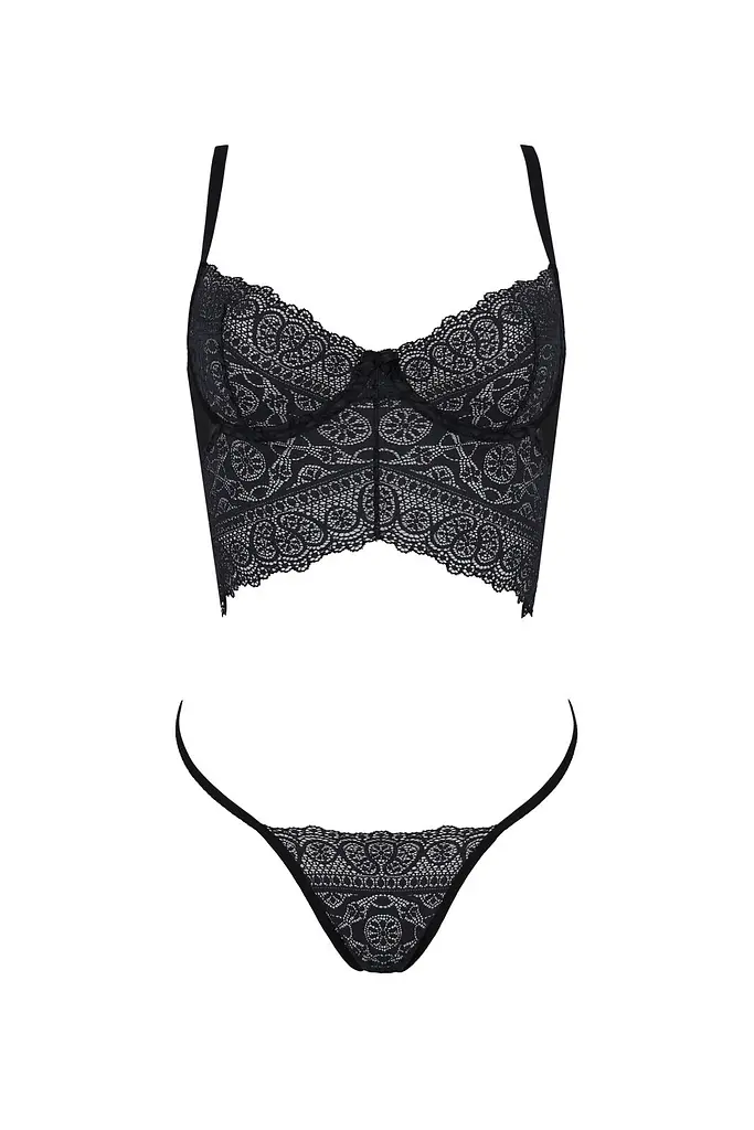 Комплект Passion KERRIA SET black, L/XL, сітка+мереживо, бюстьє та стрінги - фото 3