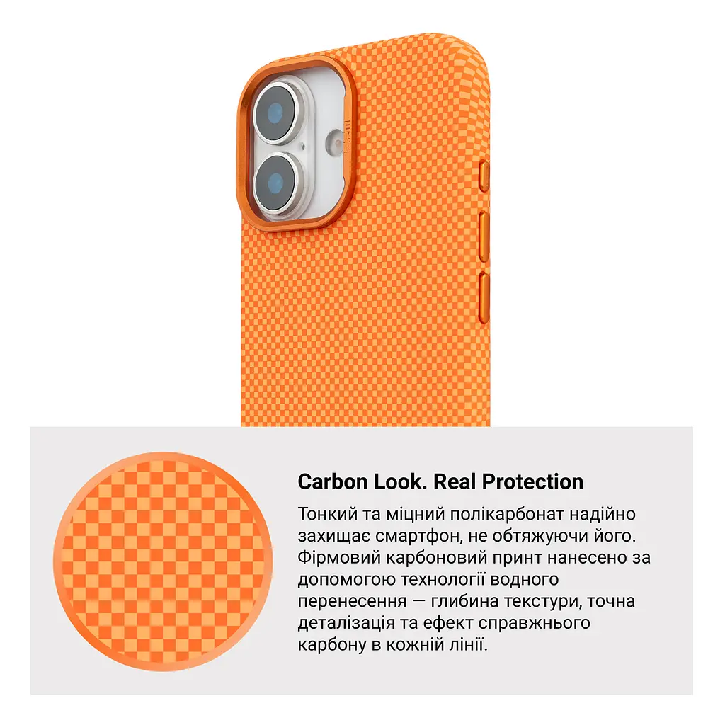 Карбоновый чехол для Apple iPhone 17, LikeCarbon2 MagCase, оранжевый, тонкий защитный чехол-панель из поликарбоната с магнитами N52, MagSafe, противоударный, совместим с беспроводной зарядкой, приподнятые края для защиты камеры - фото 7