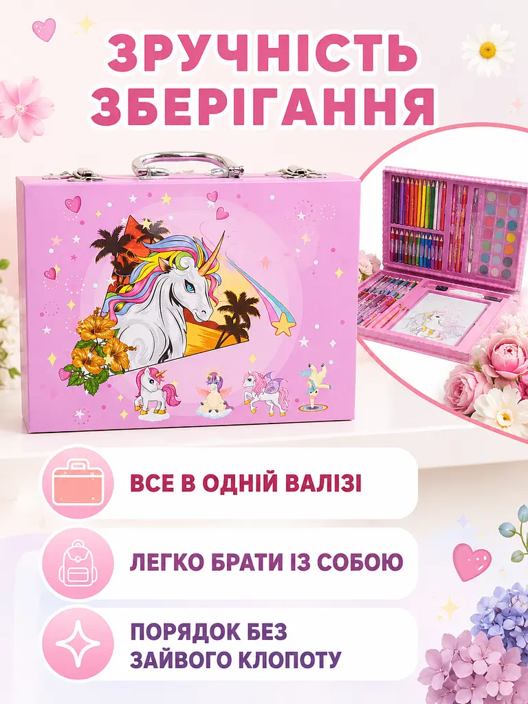 Дитячий набір для творчості Єдиноріг 85 предметів у рожевій валізі (49676066) - фото 5