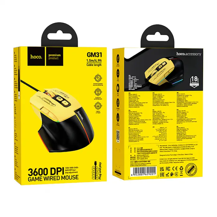 Ігровий дротяний мишка HOCO GM31 Overlord luminous gaming 1200-3600DPI USB 1.4M для ПК/ноутбука з підсвіткою Чорний-Жовтий - фото 4