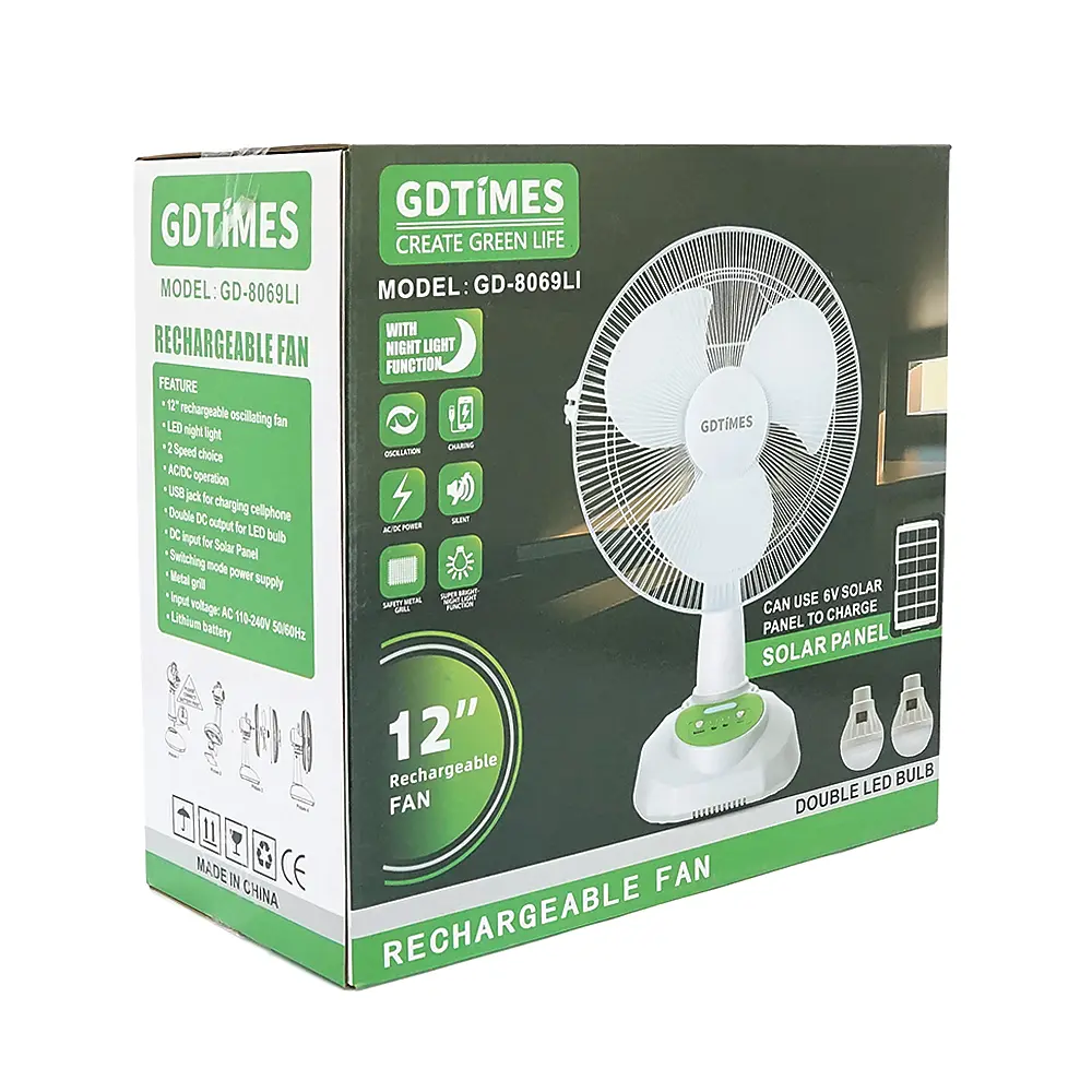 Вентилятор GDTIMES GD 8069LI, 12", Solar+ вбудований акумулятор, 2*USB лампочки, Box - фото 2
