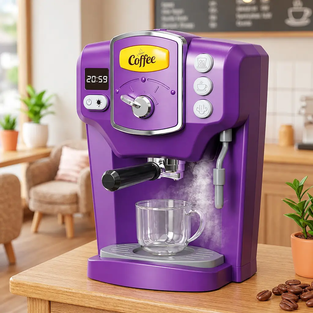 Іграшкова кавомашина рожкова для дітей Toy Coffee Maker фіолетова, дитячий кавовий апарат на батарейках з чашкою - фото 2