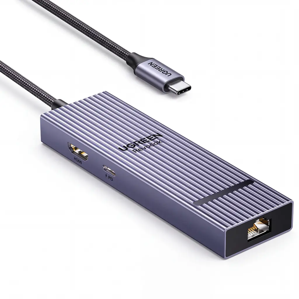 Док-станція UGREEN Revodok CM828 хаб підключення до комп’ютера USB-C 3.2 6 в 1 вихід HDMI 4K 60 Гц 2K 144 Гц 1080p 240 Гц 2 USB-A та 1 USB-C для даних до 10 Гбіт/с Ethernet RJ45 до 2,5 Гбіт/с вхід живлення USB-C PD 3.0 до 100 Вт для наскрізного заряджання для заряджання потрібні блок живлення USB-C PD і ноутбук із підтримкою заряджання через USB-C для Windows/macOS з підтримкою HDR зі світловим індикатором ребристий алюмінієвий корпус космічний сірий (55542)