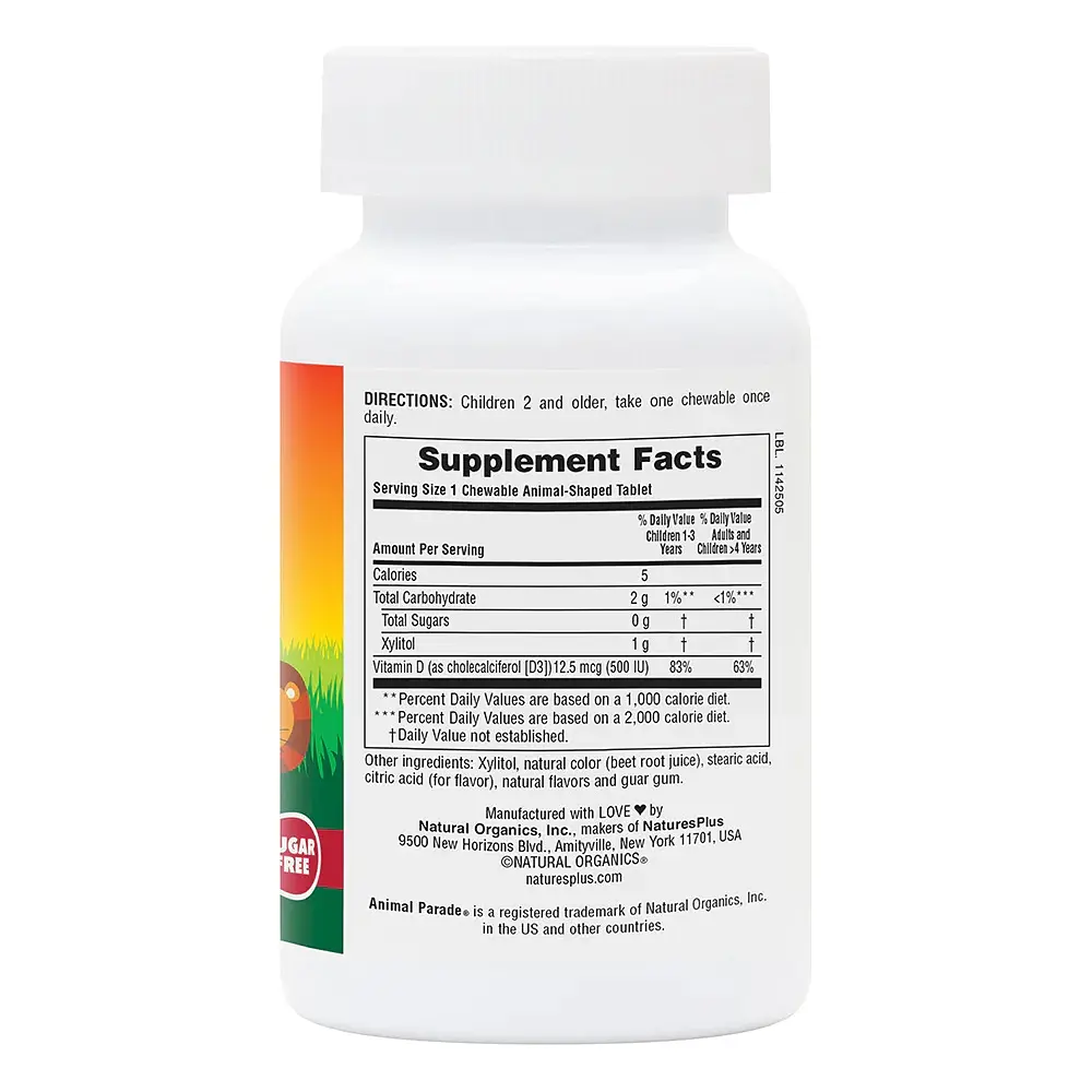 Вітамін D3 для дітей Natures Plus Animal Parade Vitamin D3 500 IU Sugar-Free, 90 жувальних таблеток без доданого цукру - Вишня - фото 2