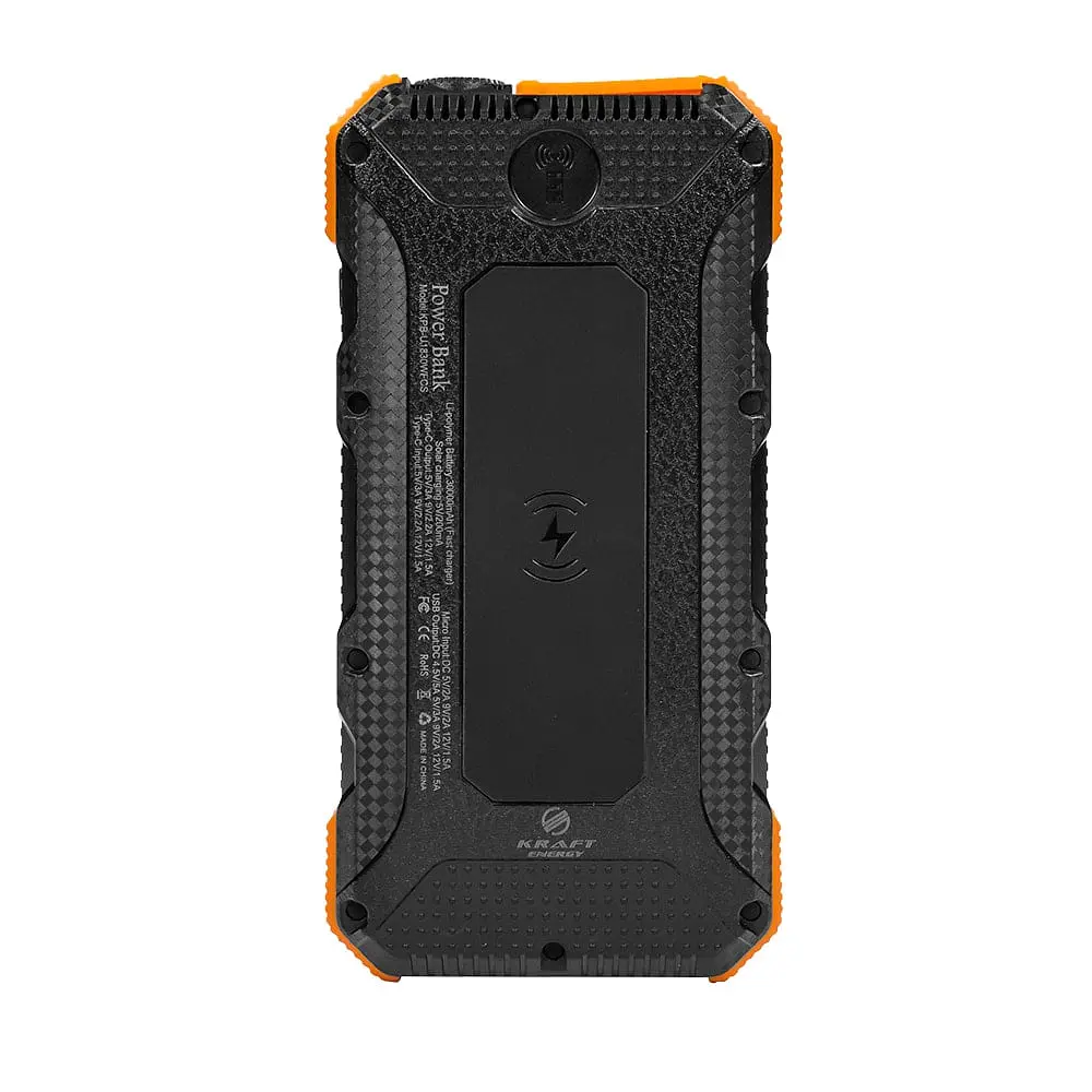 Повербанк с солнечной панелью 20000mAh Power Bank Kraft KPB-U1830WFCS Orange беспроводная зарядка LED-фонарь (43-00066) - фото 3