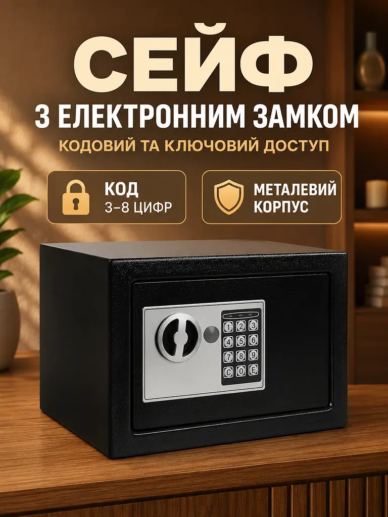Сейф меблевий електронний з кодовим та ключовим замком 22x17x16, 5 см, чорний (4986955346) - фото 2