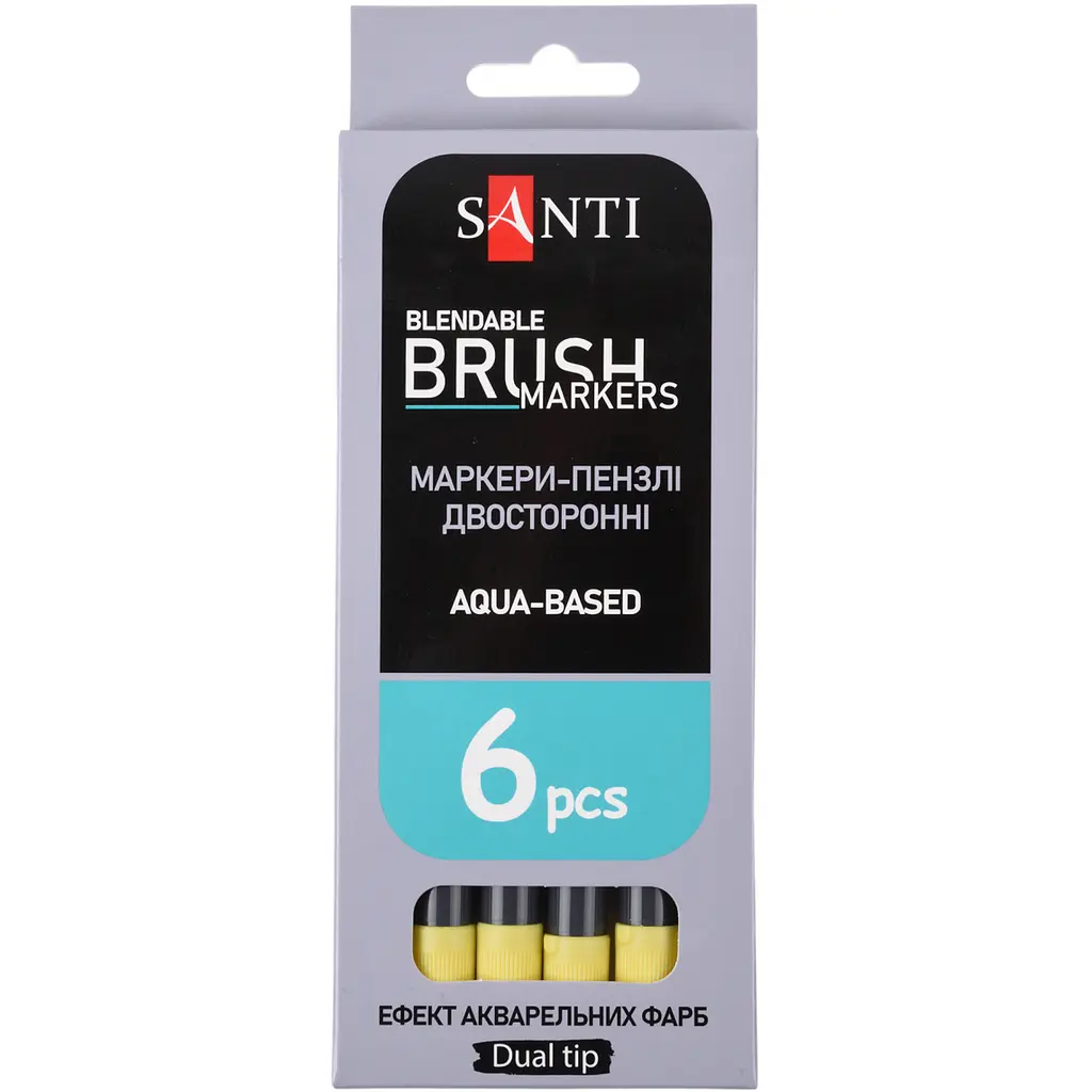 Маркер акварельний Santi Brush Marker SWB-02 жовтий двосторонній 6 шт. (391058) - фото 4