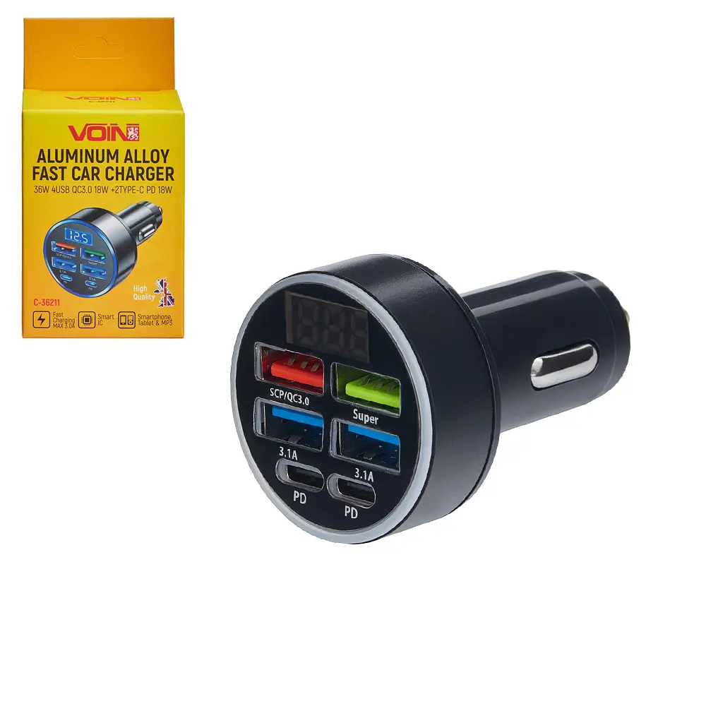 Автомобільний зарядний пристрій VOIN, 36W, 4USB QC3.0 18W + 2PD 18W, 12/24V (C-36211) - фото 4