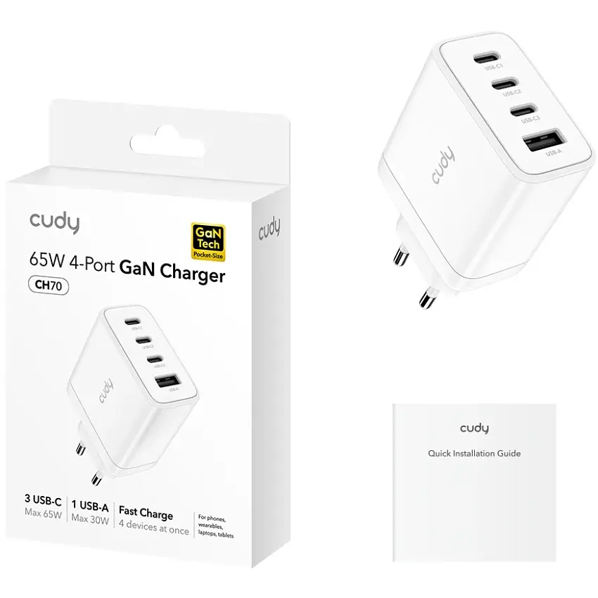 Зарядний пристрій 4xUSB 70W, (GaN, 1хUSB-C, QC+PD 3.0, вилка ЄС, для iPhone 12) , Cudy - фото 2