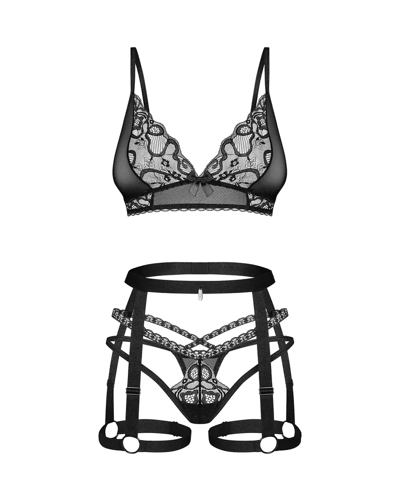 Комплект Obsessive Blomentis 3-pcs set, XL/2XL, м’який ліф, стрінги зі стрепами, пояс із гартерами - фото 3
