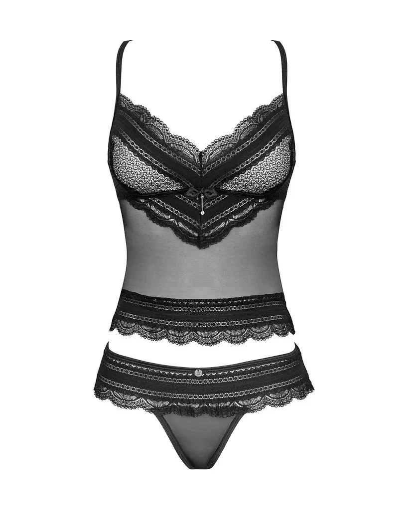 Напівпрозорий набір з прикрасами Obsessive Ivannes top & thong 2XL/3XL, чорний, топ та танга - фото 5