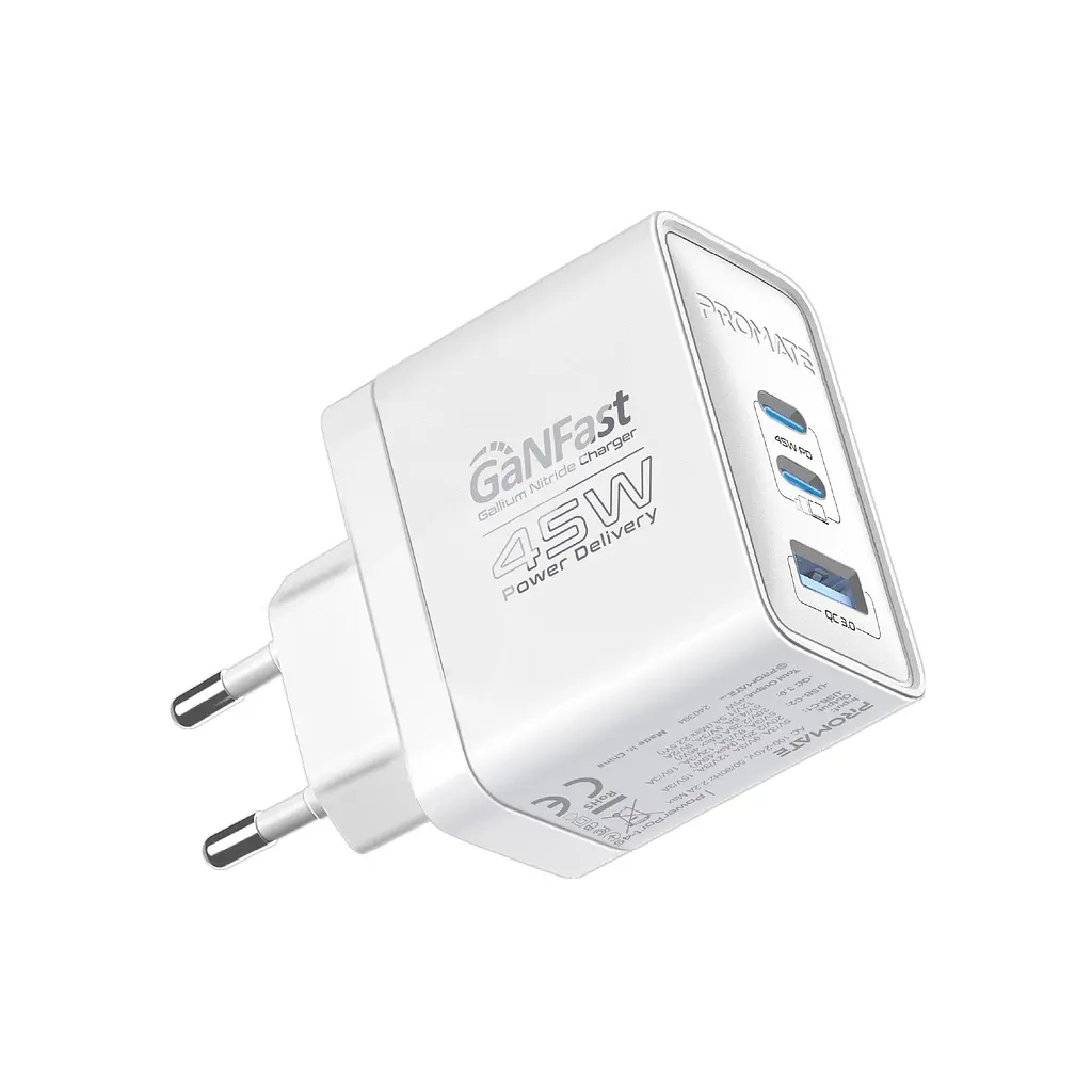 Зарядний пристрій Promate powerport-45 2xUSB-C PD + USB-A QC 45 Вт білий (powerport-45.white)