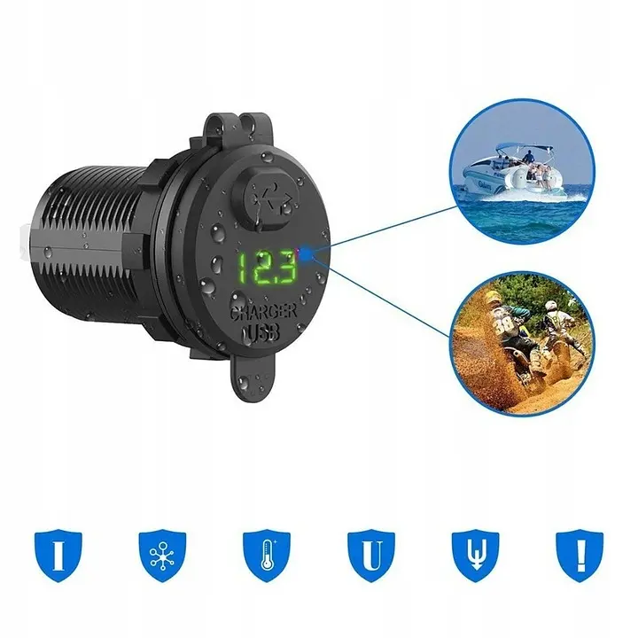Гніздо Прикурювача під 1 USB Вольтметр DC 12-24V 5V підсвічування з різьбленням P10 Blue QC 3.0 (Вимикач) - фото 3