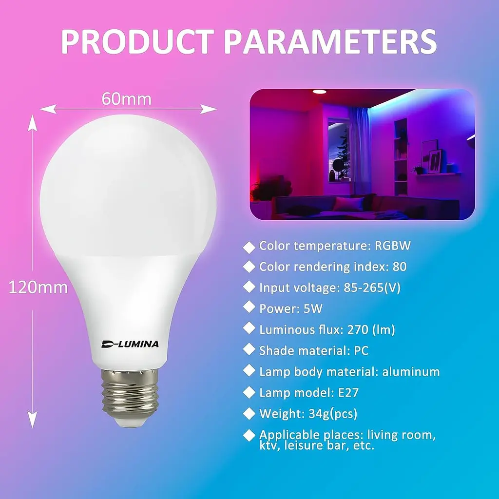 Світлодіодна лампа Bestview RGB лампочки з дистанційним керуванням, RGBW Warm White 5W E27 Screw Base, Mood - фото 5