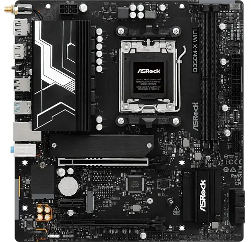 Материнська плата AM5 ASRock B850M-X WiFi R2.0, B850, 2xDDR5, Int.Video (CPU), 4xSATA3, 2xM.2, 1xPCI-E 5.0 x16, 1xPCI-E 4.0 x16, 1xPCI-E 4.0 x1, ALC897, RTL8125BG, WiFi 6E, Bluetooth 5.2, 7xUSB 3.2 / 6xUSB 2.0, HDMI/DP, MicroATX - фото 2