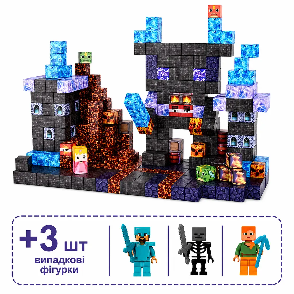 Магнітний конструктор Minecraft 100 шт + 3 фігурки кубики по грі Майнкрафт Замок Mk001016 - фото 2