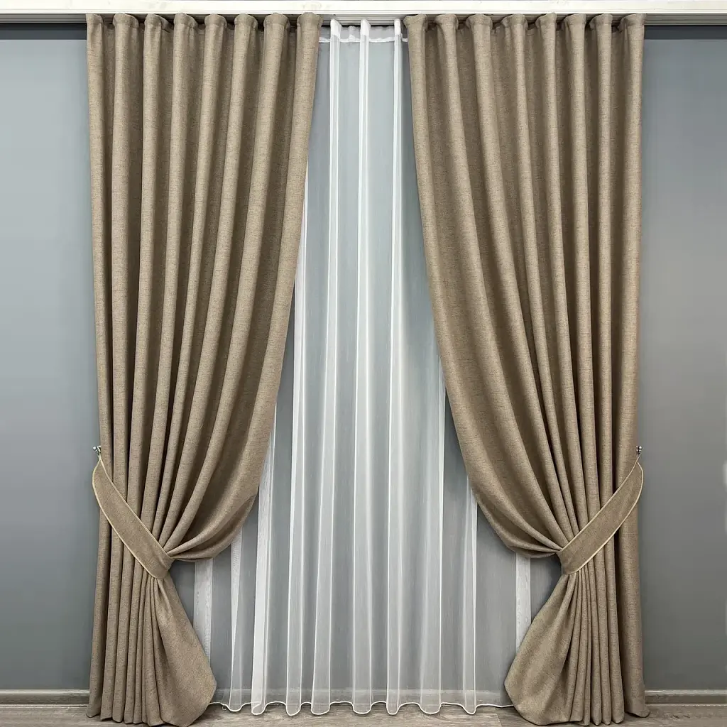 Комплект штор з тюлем VR-Textil Твід TWEED_V, капучино з білим, 2 штори 100×270 см + тюль 300×270 см, арт. 71-143/1